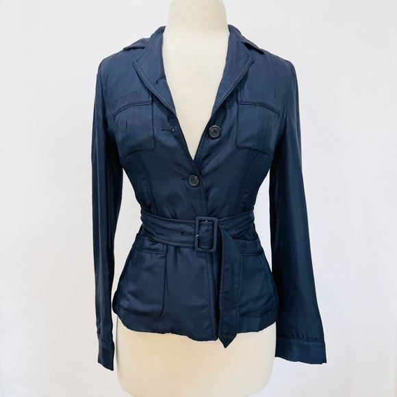 Prada 100% silk belted blazer jacket in navy blue - Picture 2 of 16